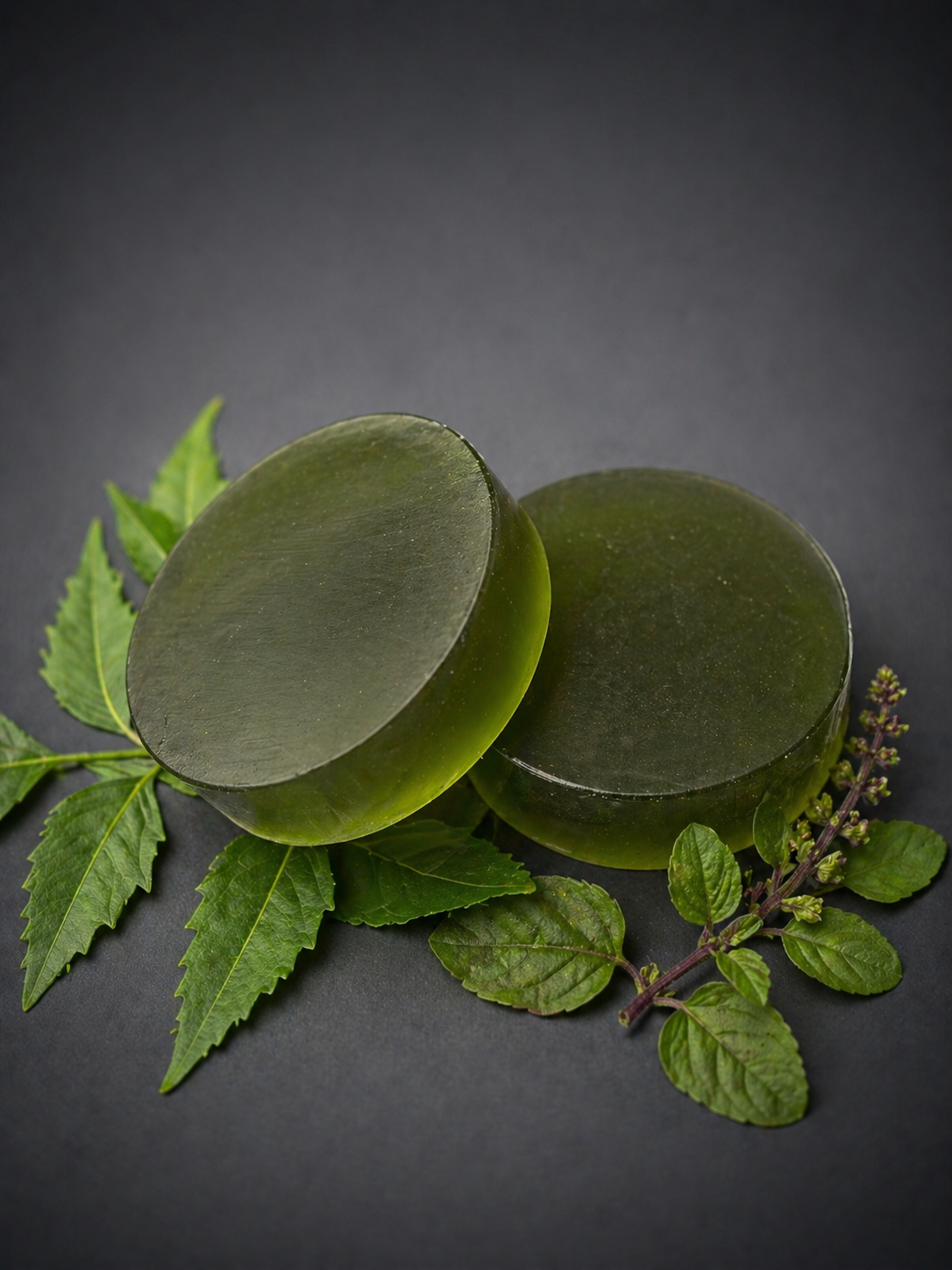 Neem Tulsi Soap with fresh neem and tulsi leaves — Shuchi Rituals
