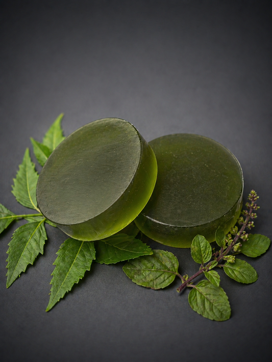Neem Tulsi Soap with fresh neem and tulsi leaves — Shuchi Rituals